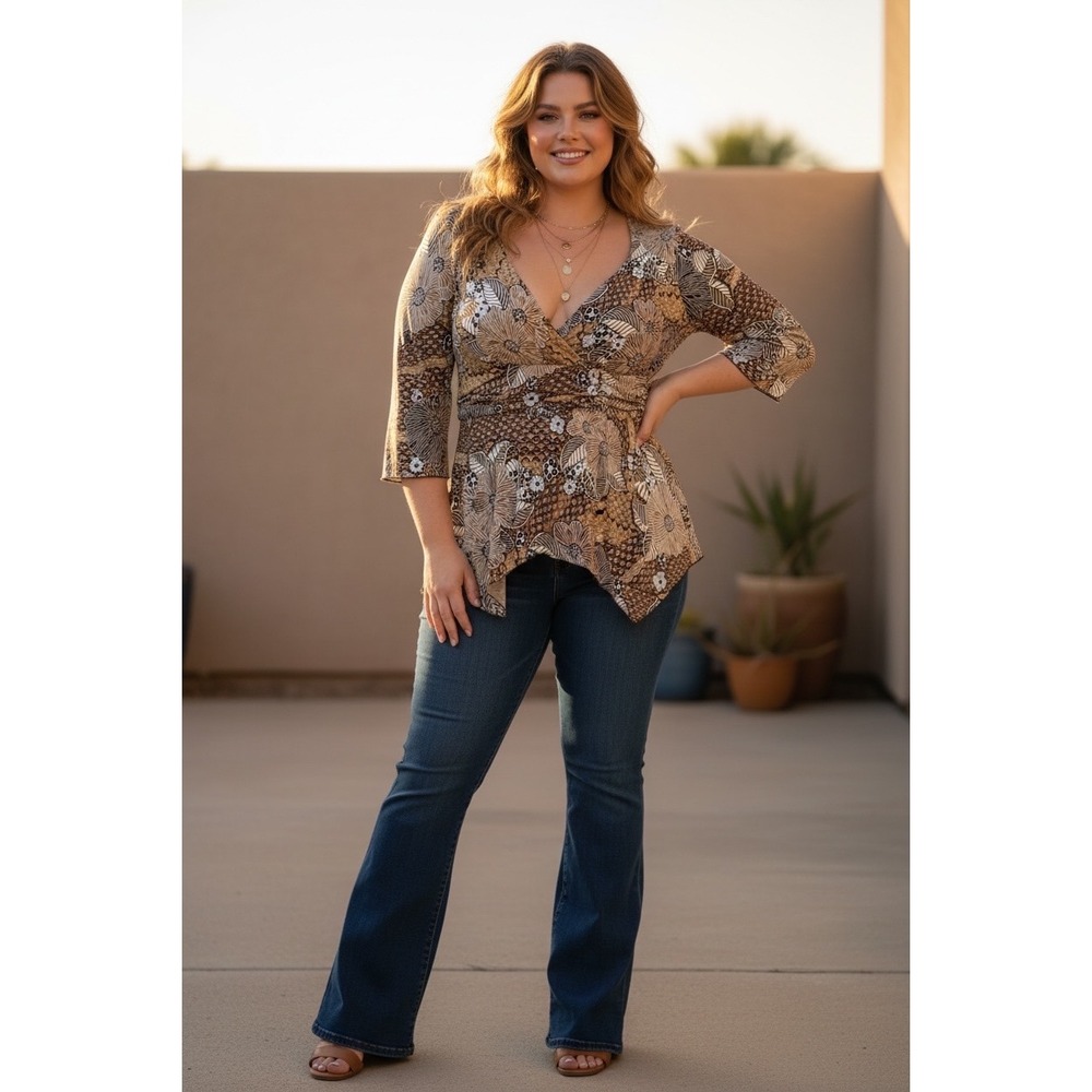 Womens Y2K Floral Wrap Top Brown Boho Asymmetrical Blouse‎ Size XL Slinky